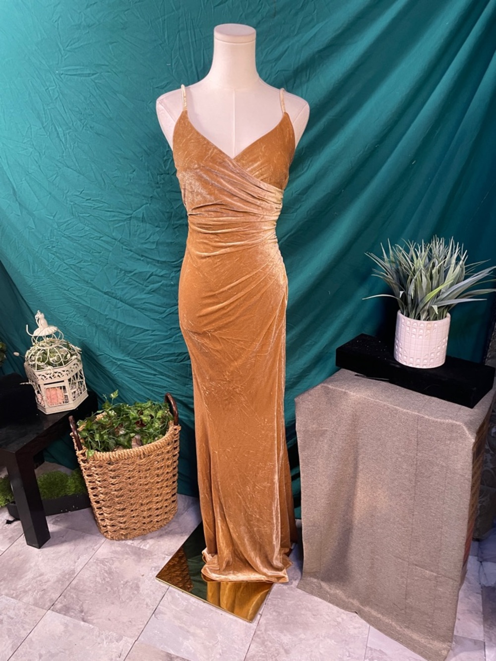 Gold Velvet Maxi Slip Dress with V-Neck
